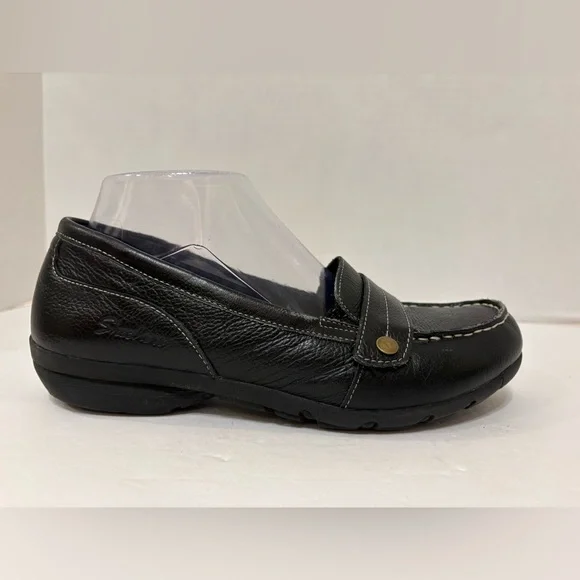 Skechers black leather relaxed fit memory foam slip-on loafers shoes size 8 - Picture 3 of 10